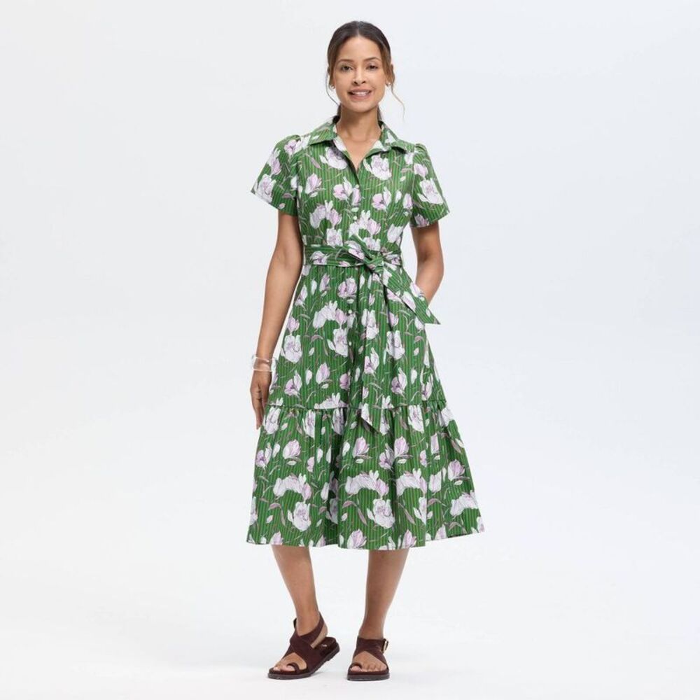 Universal Thread - Women's Button-Down Short Sleeve Midi A-Line Dress Green